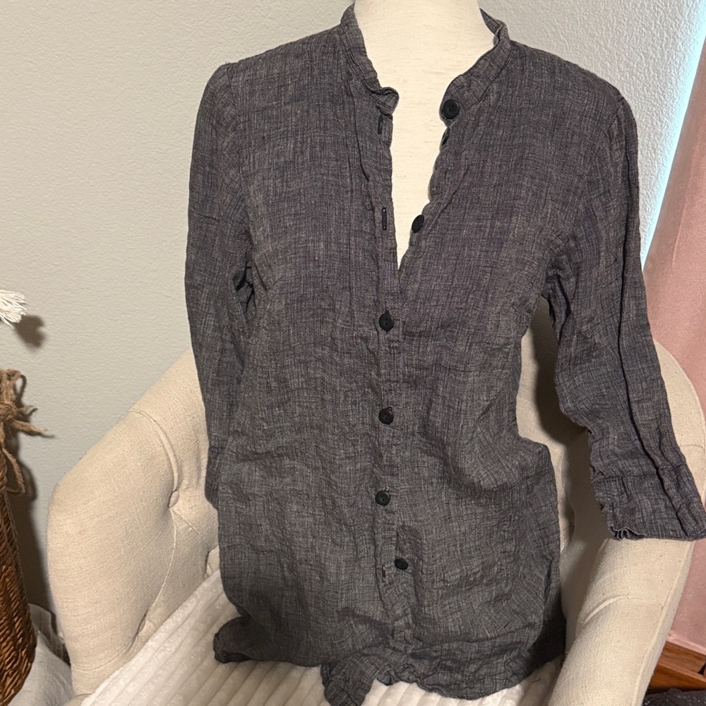 Flax Charcoal Button-Up Shirt Linen Top